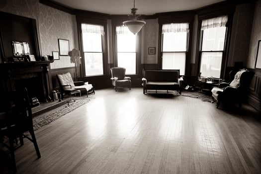 A living room with a fireplace and chairs photo