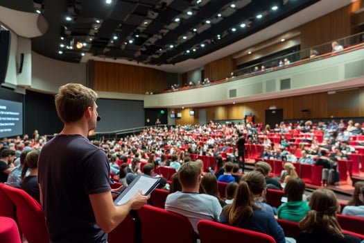A man standing in front of a large auditorium with a crowd of people photo