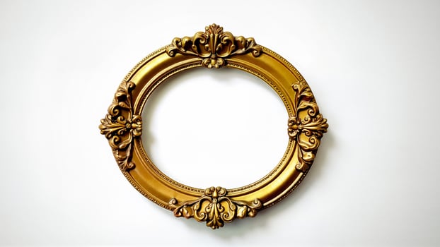 Ornate empty oval golden frame isolated on white background. Suitable for antique decor, restoration, or vintage design projects. photo