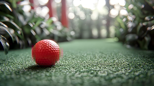 Close-up of golf ball on mini golf course. World tournament sport. Summertime leisure, outdoor fun, and recreational activities. Court background for hobby and entertainment photo