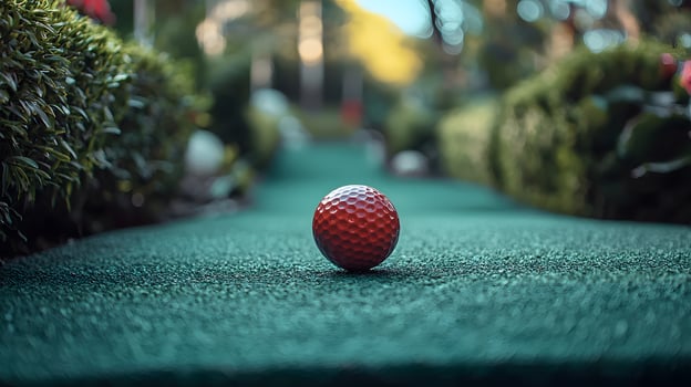 Mini golf course with close-up of golf ball. Global competition sport. Summertime outdoor recreation, blending fun and leisure. Activity for hobbyists and family entertainment photo