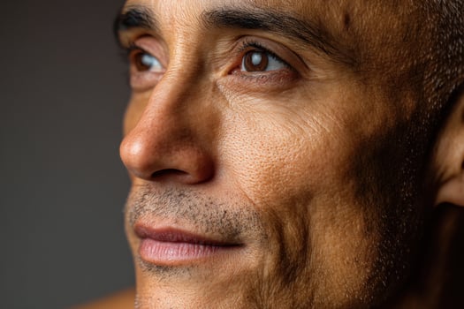 Close-up of a man's face with short hair and visible stubble. Focus on textured skin, deep eyes, and gentle expression. Subtle lighting enhances contours and details vividly photo