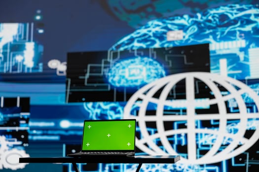 Surrounded by digital data and AI brain systems, laptop showcases green screen on a display. Automation platforms and cloud computing ensures a modern strategy and innovation. photo