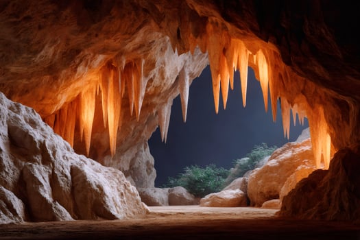 Stalactites hanging from ceiling of illuminated cave at night photo