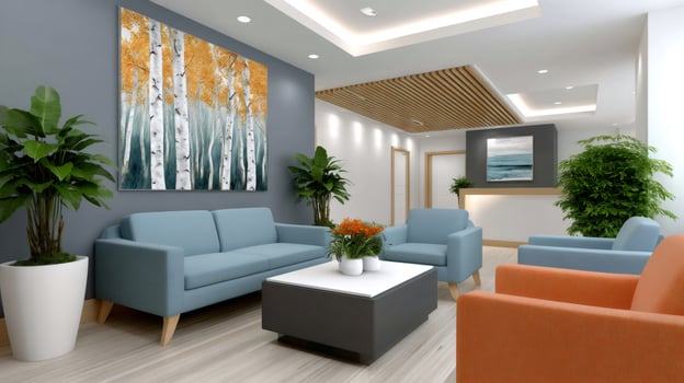 Modern waiting room interior design with colorful armchairs and sofa photo