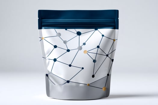 Stand-up pouch with modern network pattern design, packaging mockup photo