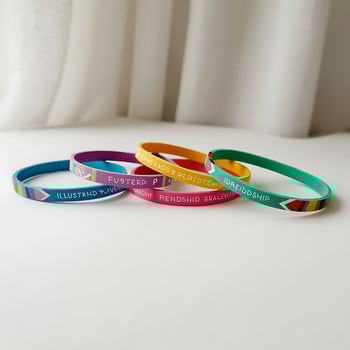 Colorful friendship bracelets stacked on white background photo