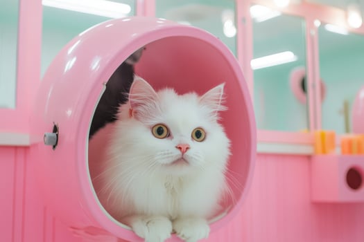 A white cat sitting inside of a pink bathroom photo