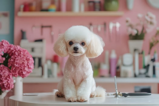 A poodle sitting on a table in a salon. photo