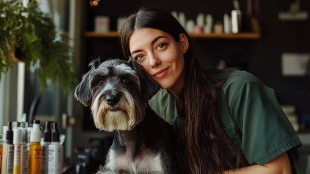 A woman with a dog sitting in front of a desk photo
