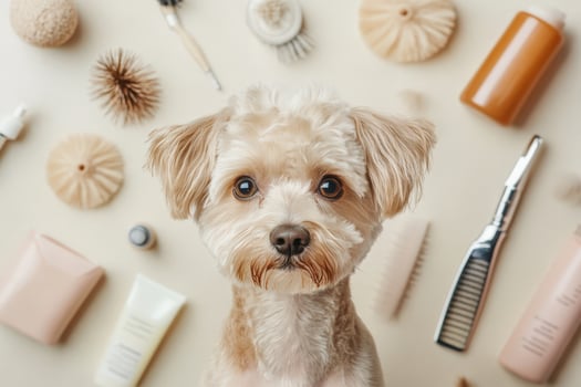 A dog is surrounded by various hair products photo