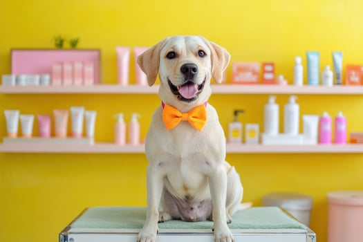 A dog wearing a bow tie sitting on a table. photo