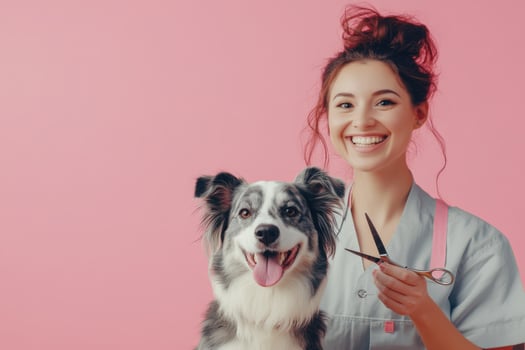 A woman in a blue uniform holding scissors and a dog photo