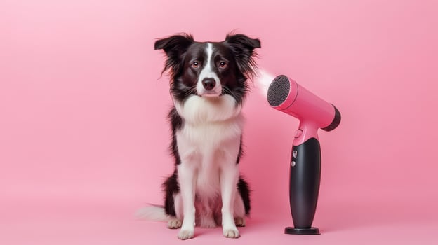 A dog is standing next to a hair dryer photo