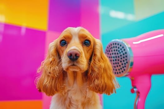 A dog is standing in front of a pink hair dryer photo