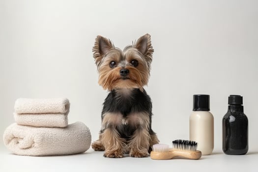 Yorkshire terrier dog with grooming products on white background photo