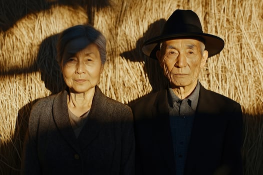 Elderly couple posing in front of hay bale at sunset photo