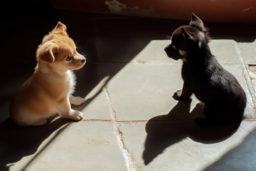 Two puppies looking at each other in sunlight photo