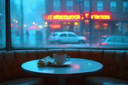 Steaming cup of coffee warming a rainy city night cafe photo