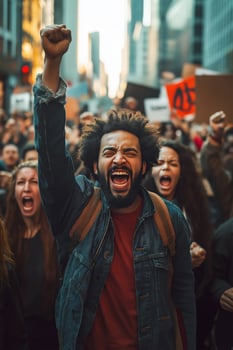 Young activist leading protest raising fist and shouting slogans photo