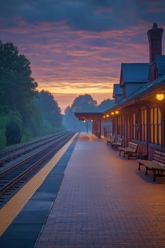 Empty train station platform at sunrise with dramatic sky photo