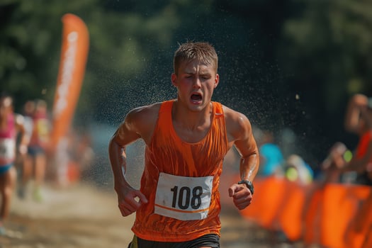 Determined athlete running through water obstacle in obstacle course race photo