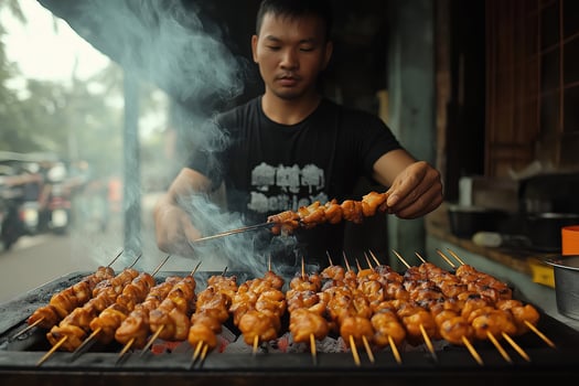 Street vendor grilling chicken satay on a smoky barbecue photo