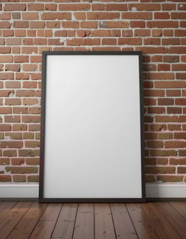Blank picture frame leaning against exposed red brick wall in modern interior. photo