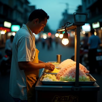 Man Preparing Street Food at Night with Glowing Lights photo