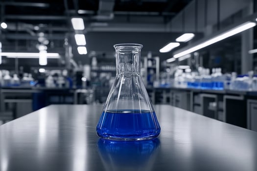 A blue liquid in a glass flask sitting on a table photo