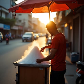 Making Ice Shavings on Street at Sunset photo