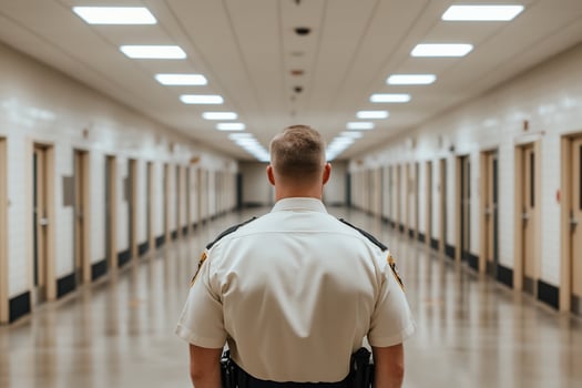 A man in a white shirt is standing in a hallway photo
