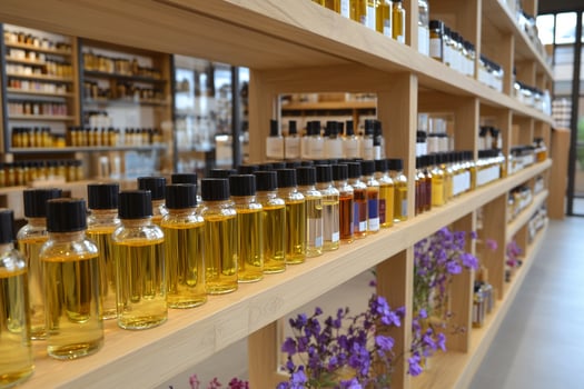 A shelf with bottles of perfume and flowers photo