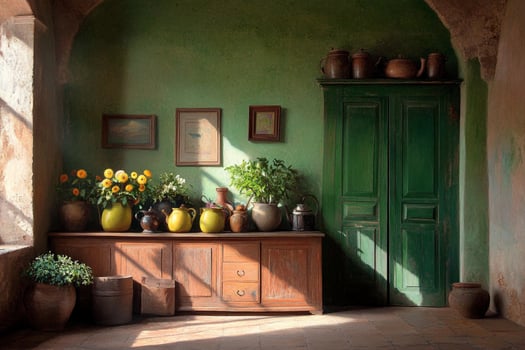 A room with a green door and a lot of pots and flowers photo