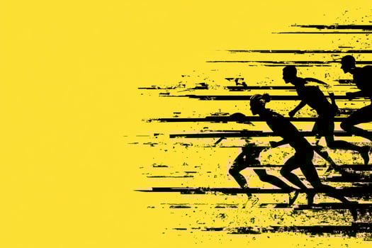 A group of people running on a yellow background photo
