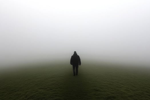 A man standing alone in a foggy field photo