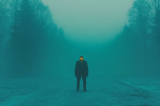A person standing in the middle of a foggy forest photo