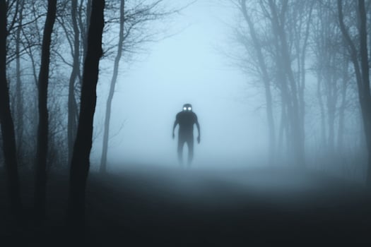 A man in a black mask walking through a dark forest photo