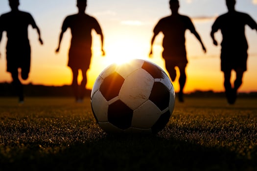 Soccer ball on grass with silhouetted people photo