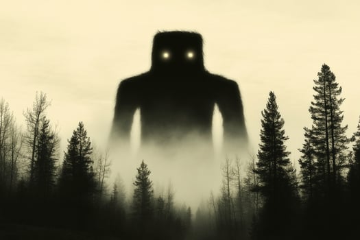 A black and white image of a monster in the woods photo