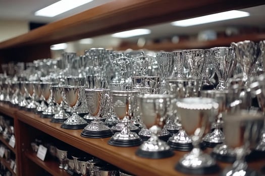 Many silver trophies are on a shelf in a room photo