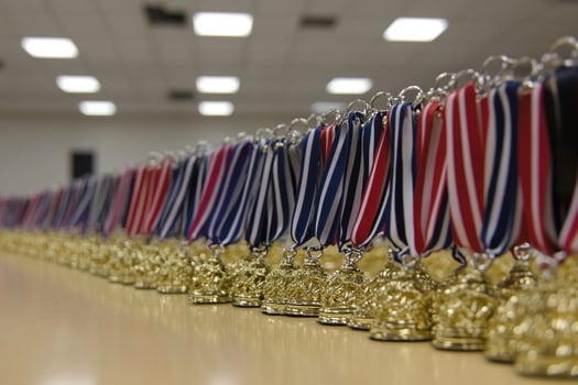 A row of medals on a table photo