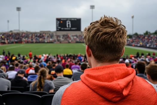 A man in an orange shirt is watching a soccer game photo