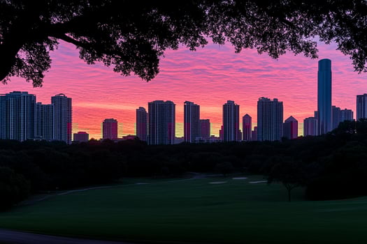 A city skyline at sunset with a golf course in the foreground photo