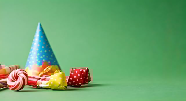 Birthday party hats and candy on green background photo