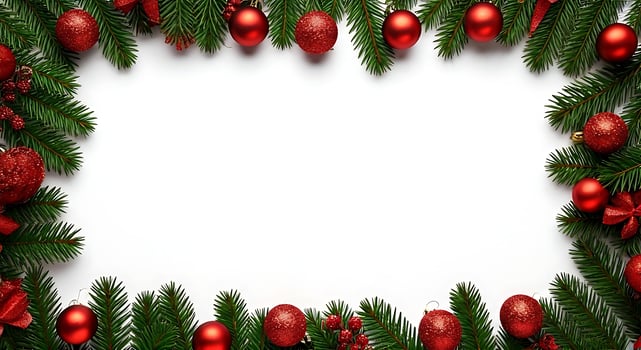 Christmas frame with red balls and fir branches photo