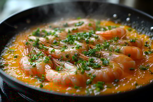 Gourmet Shrimp Dish with Chives in a Sizzling Pan for Culinary Art and Food Photography photo