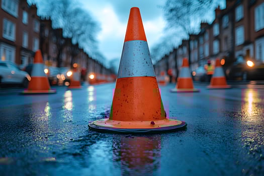 Urban Street Safety with Traffic Cones at Dusk for City Infrastructure Projects photo