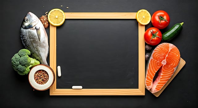 Fish, vegetables and a blackboard with a space for text photo
