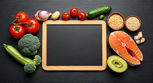 Fresh Vegetables and Salmon Fish with Empty Blackboard on Dark Wooden Surface photo